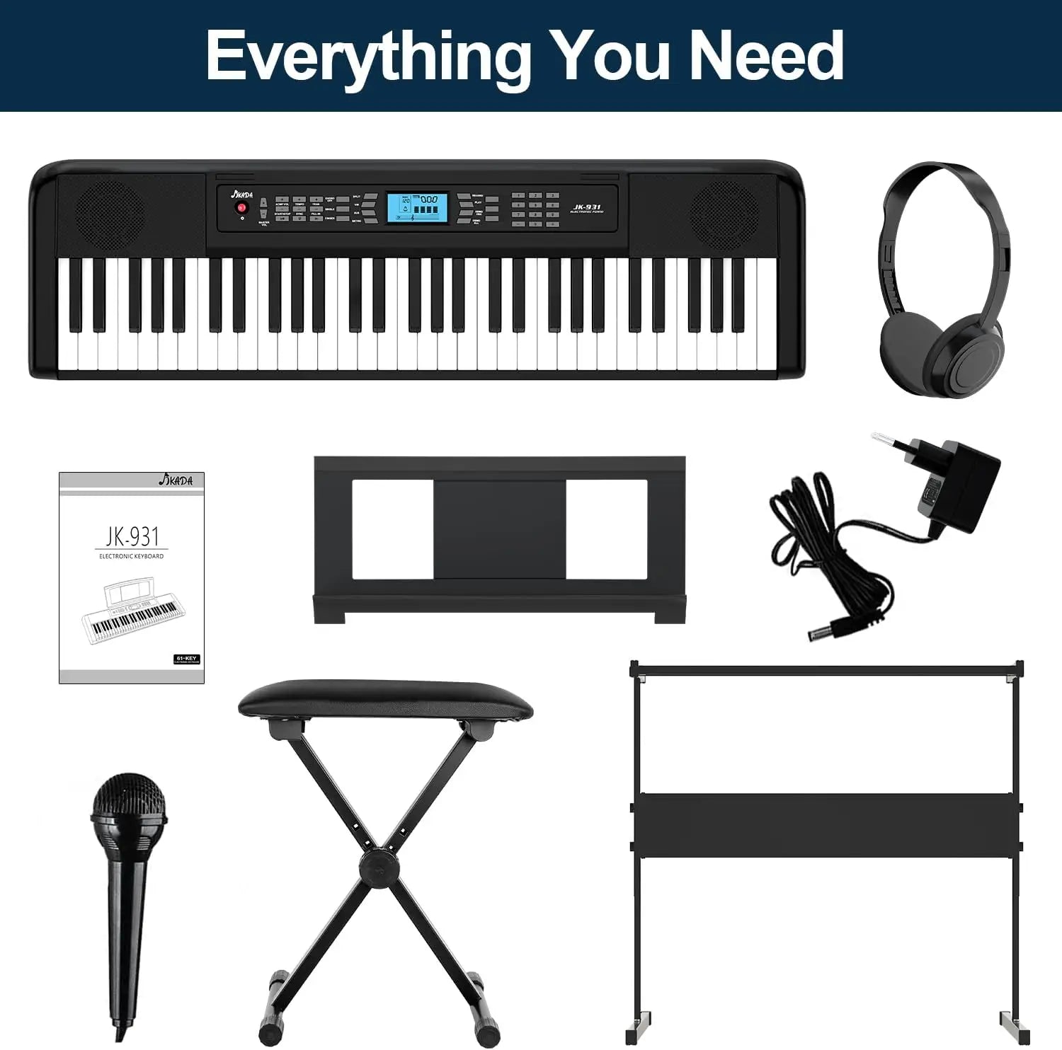 61-Key Portable Electric Piano Keyboard with LCD Screen Speakers Headphone Jack Stand Stool & Accessories