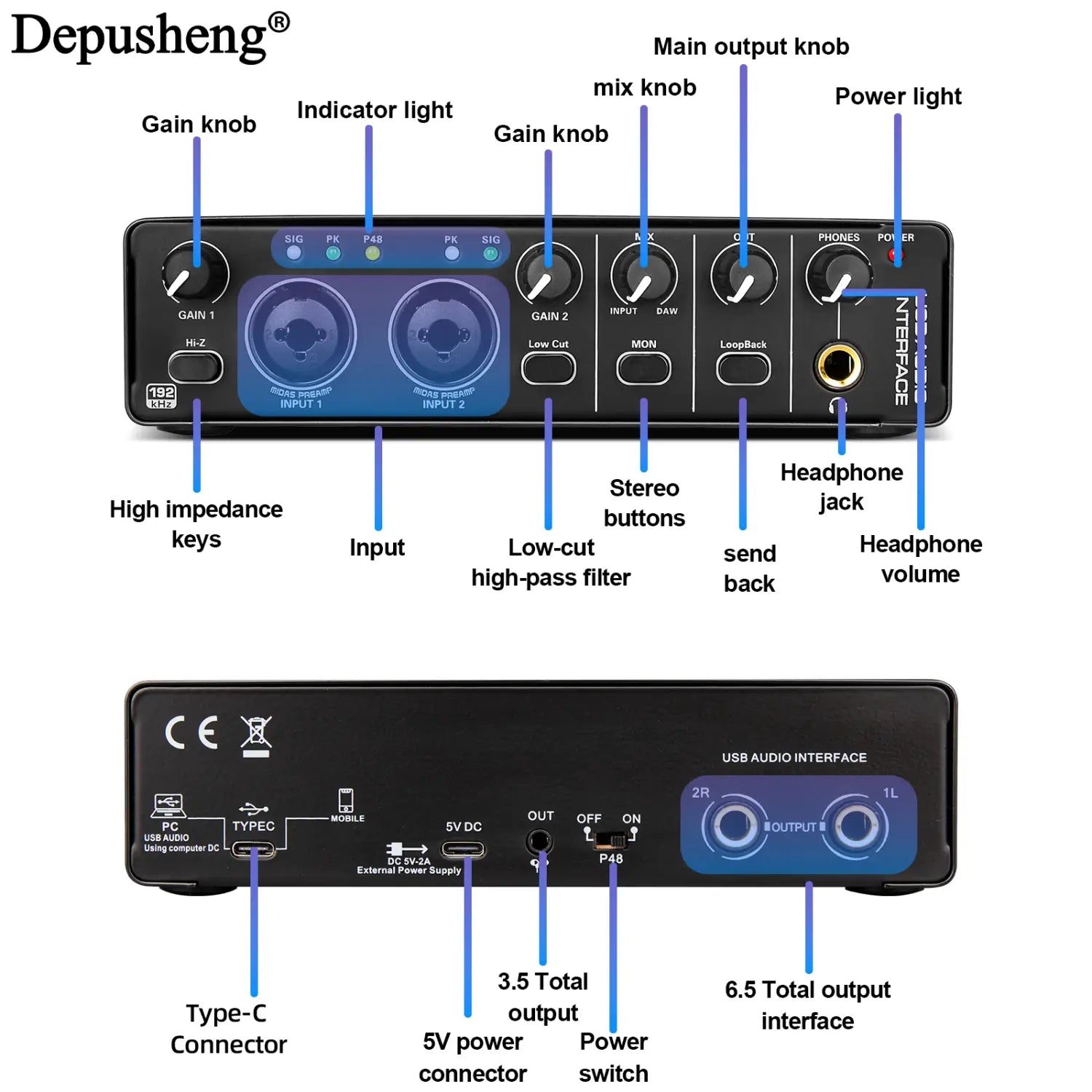 Audio Interface Depusheng MD22 USB 3.0 Sound Card with Monitoring Electric Guitar Live Recording For Studio Singing Micro