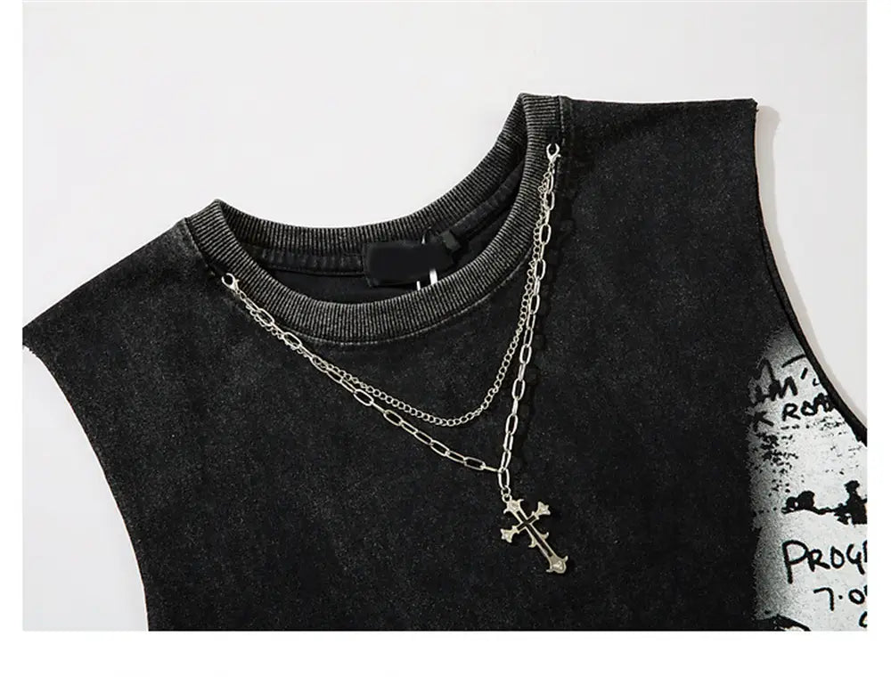 Hip Hop Fashion Tank Tops Men’s Graffiti Printed Necklace Sleeveless T-Shirt Ripped Hole Harajuku Dancing Tops Streetwear