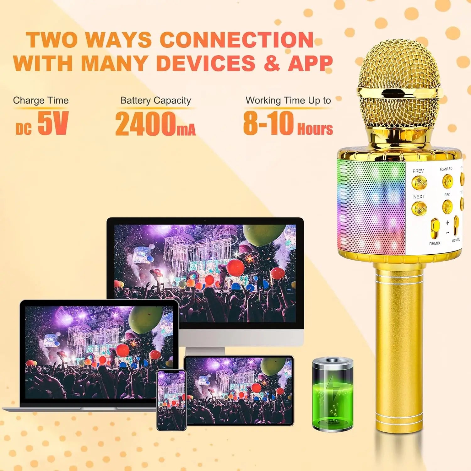 Karaoke Microphone for Kids & Adults - Bluetooth Microphones Singing Mic with Disco Lights Echo Effect Built-in Speaker