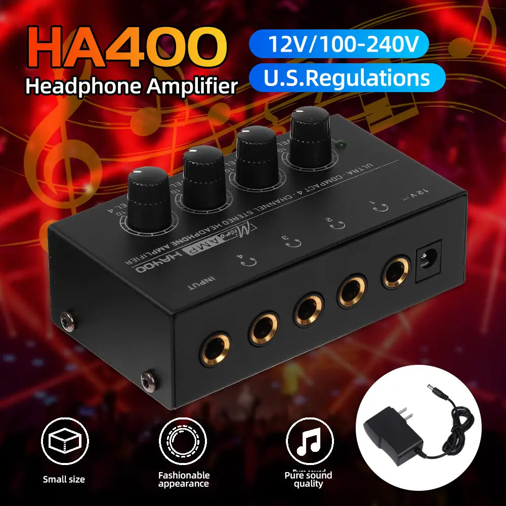 Headphone Amplifier Ultra-Compact Stereo Earphone Amplifier Audio Amplifier 4 Channels for Music 6.35MM Jack with Volume Control