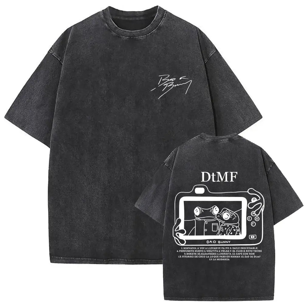 Rapper Bad Bunny Washed Vintage T-shirt Debi Tirar Mas Fotos DTMF World Tour 2026 T Shirts Men Women Fashion Hip Hop T-shirts