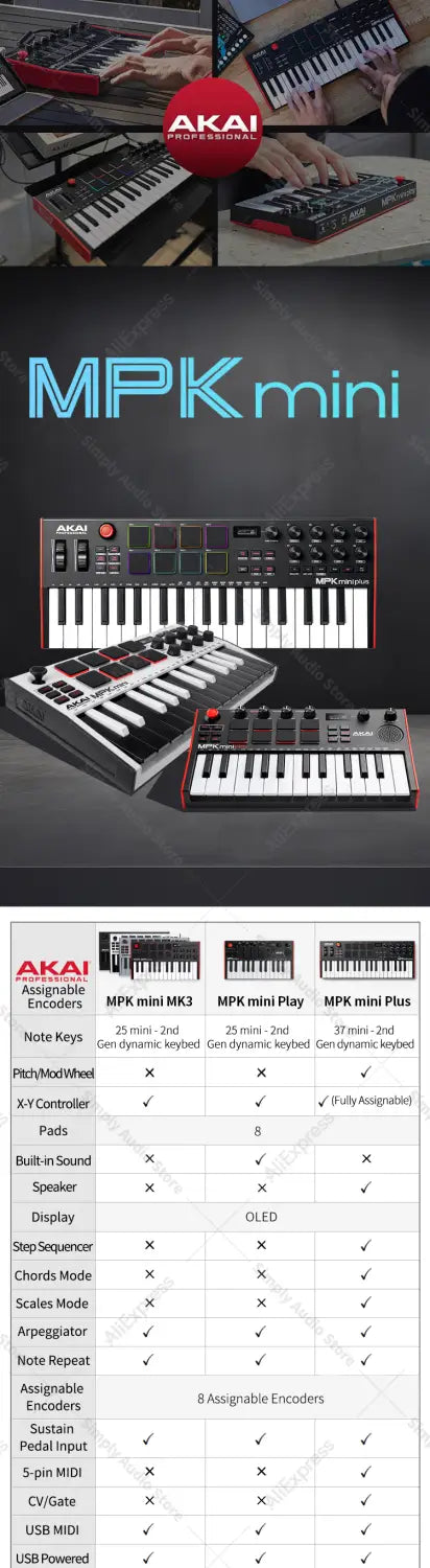 akai professional mpk mini play mk3 plus midi keyboard piano arranger music controller