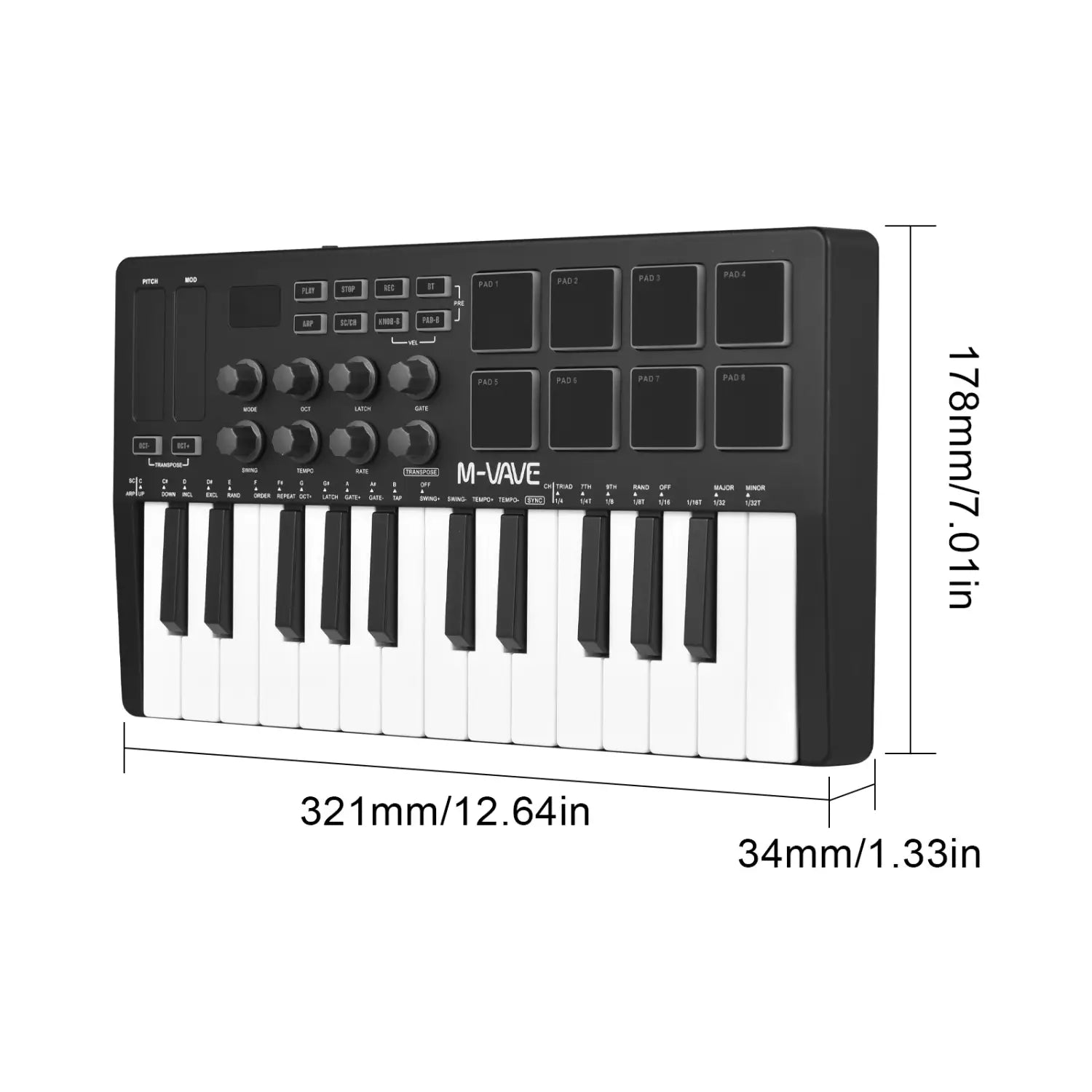 M-vave SMK-25 Mini 25 Keys Wireless / USB MIDI Keyboard Controller With 8 Backlit Drum Pads 8 Knobs and 2 Touch Stripes