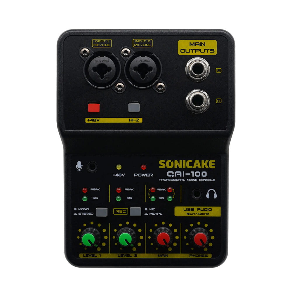 SONICAKE 2-Channel Mini Audio Mixer with Sound Card DJ Studio Music Recording Home Karaoke PC Compatible Mixing Console QAI-100