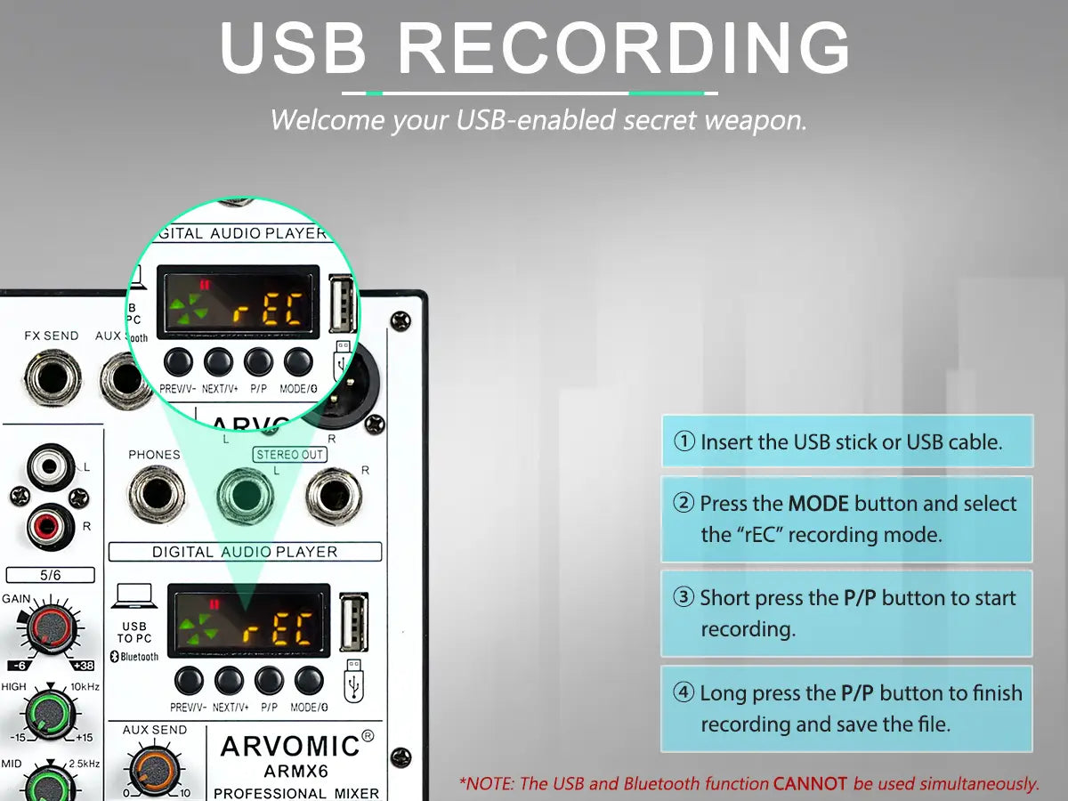6-Channel Audio Mixer DJ Mixer with USB Audio Interface Bluetooth Function 16 DSP Effects and 3-Band EQ (ARMX-6)