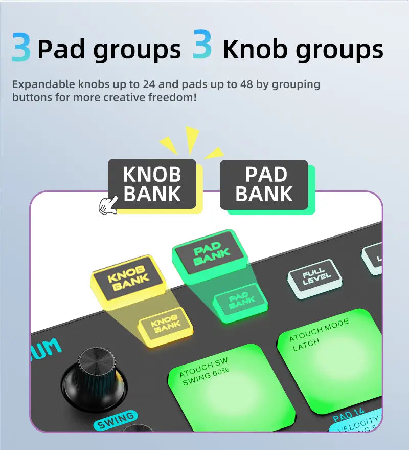 JAMJUM MIDI Controller Pad BT RGB Strike Pad Backlight MIDI Connection Low Latency 3.5mm Output Interface RGB Pad