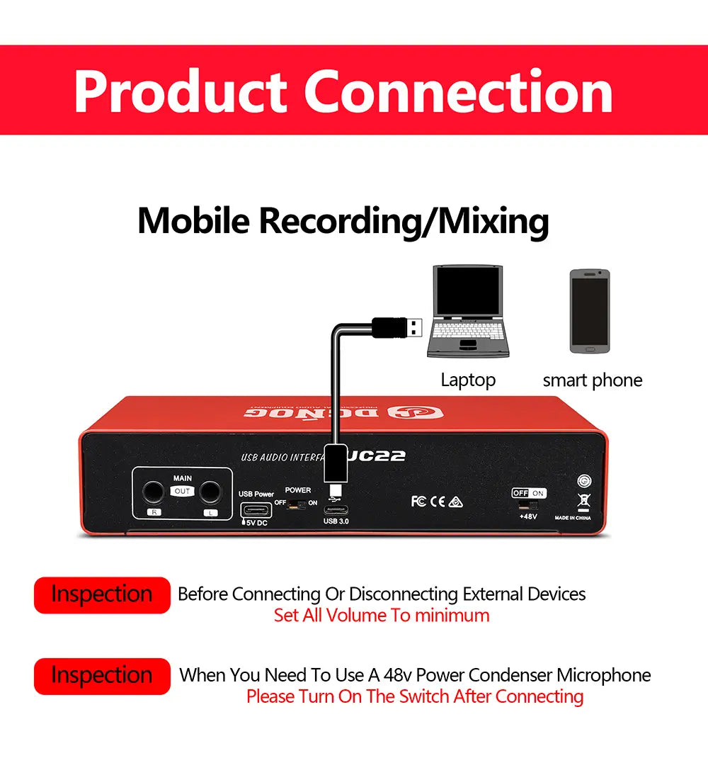 UC22 Audio Interface Sound Card 24-bit/192KHz AD Converter Electric Guitar Live Recording Professional Studio Singing Podcast