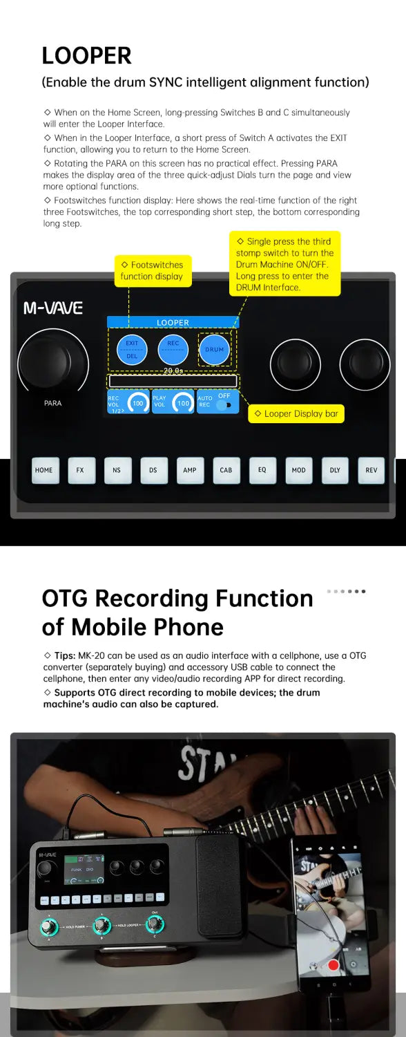 M-VAVE MK-20 Multi-Effects Processor for Guitar and Bass with Drum Machine Tuner Looper Amp Simulator USB Audio Interface