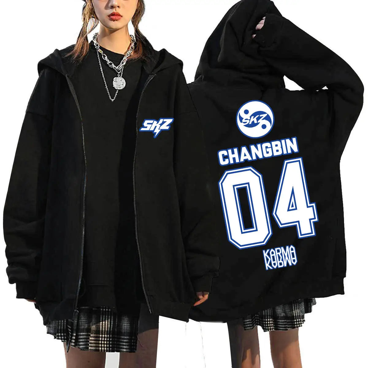 2025 Men’s & Women’s KPOP KARMA Print Zip-Up Hoodie Fashion Casual Loose Fleece-Lined Long Sleeve Jacket