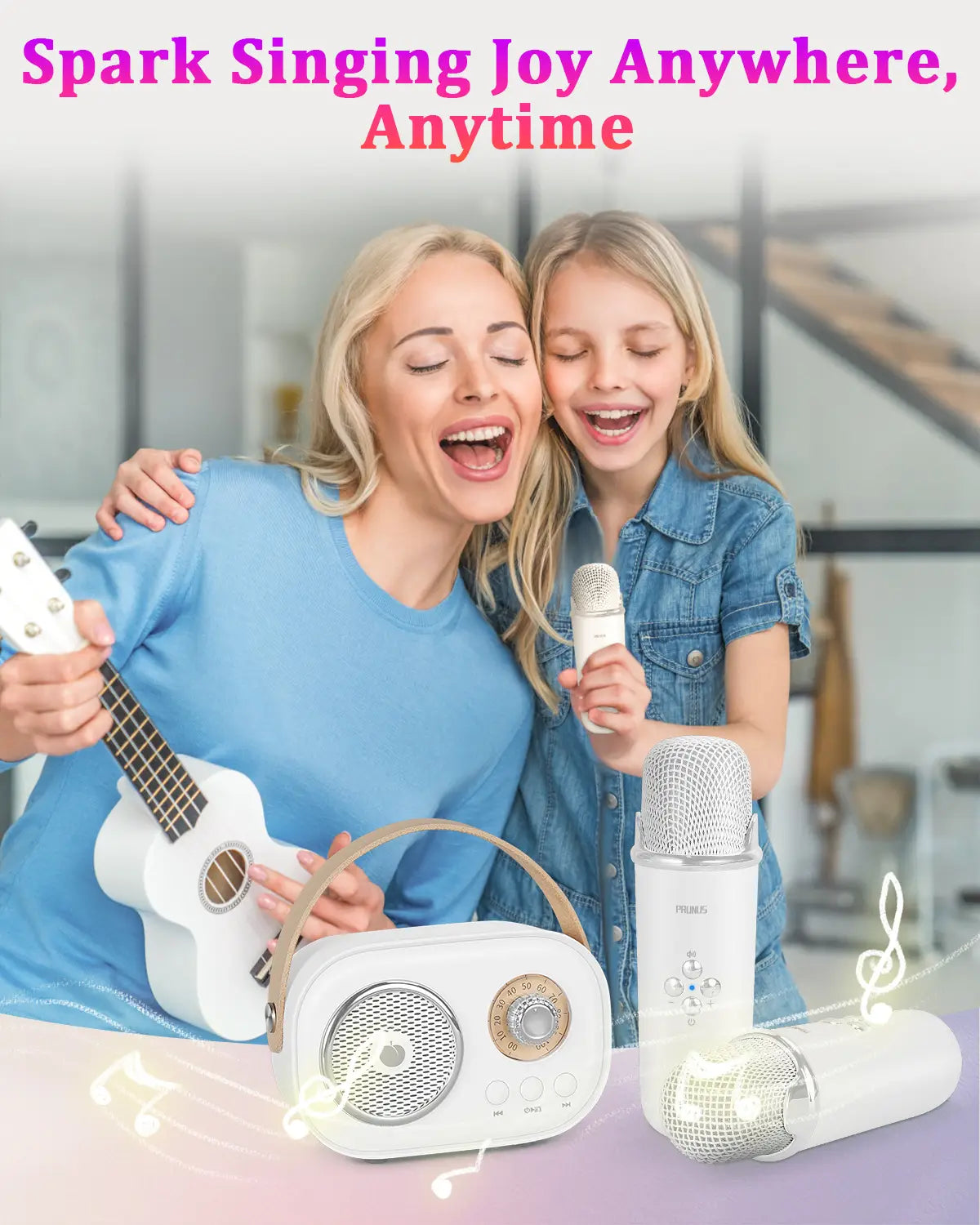 PRUNUS C20 Mini Karaoke Machine Portable Bluetooth Speaker Wireless Microphone 6 Modes for Kids Party Birthday Gifts Girls Boys