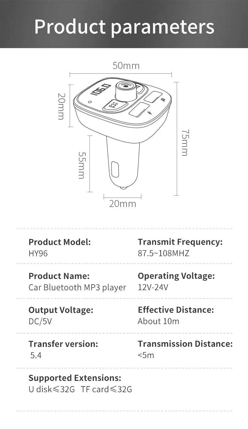 Car Mp3 Player Bluetooth 5.4 FM Transmitter Car Charger Adapter Dual USB Support TF Card & U Disk Hands-Free Call