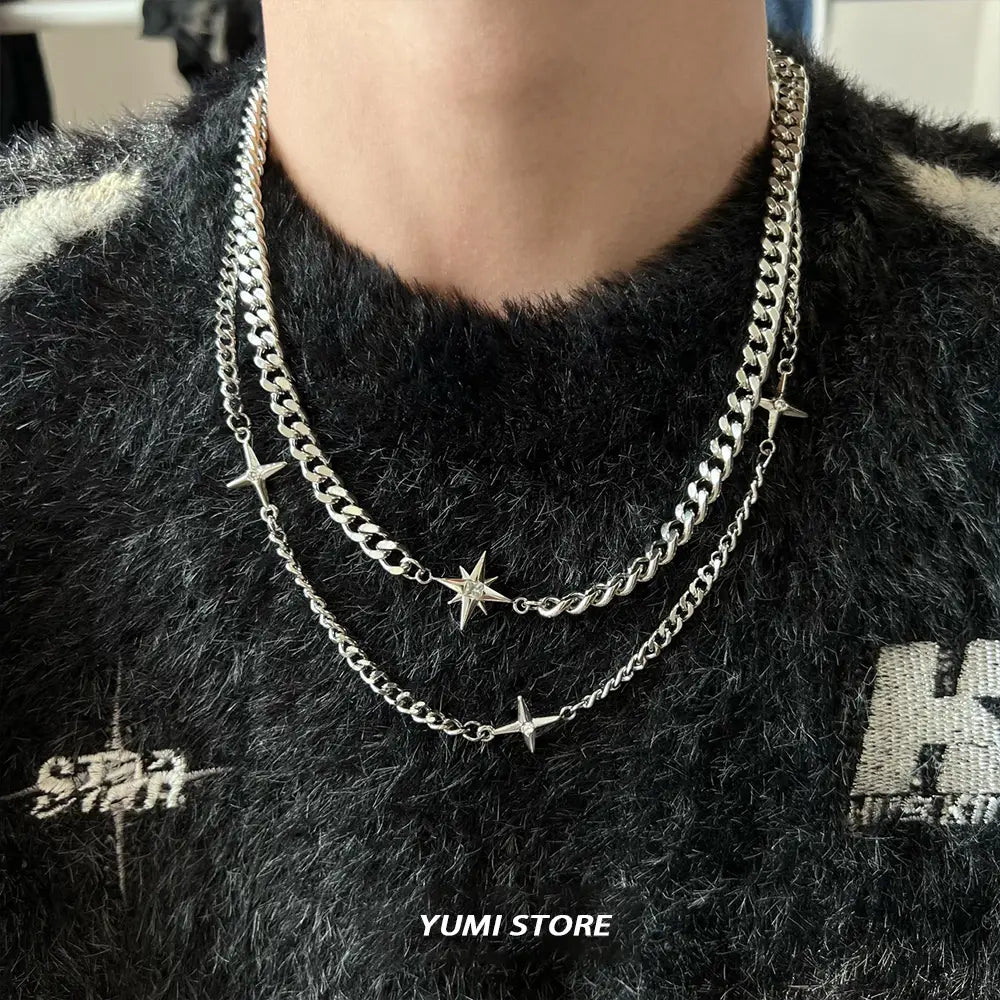 Hip Hop Double-layer Star Cross Necklace For Man Woman Titanium Steel Clavicle Chain Choker Punk Male Accessories Wholesale