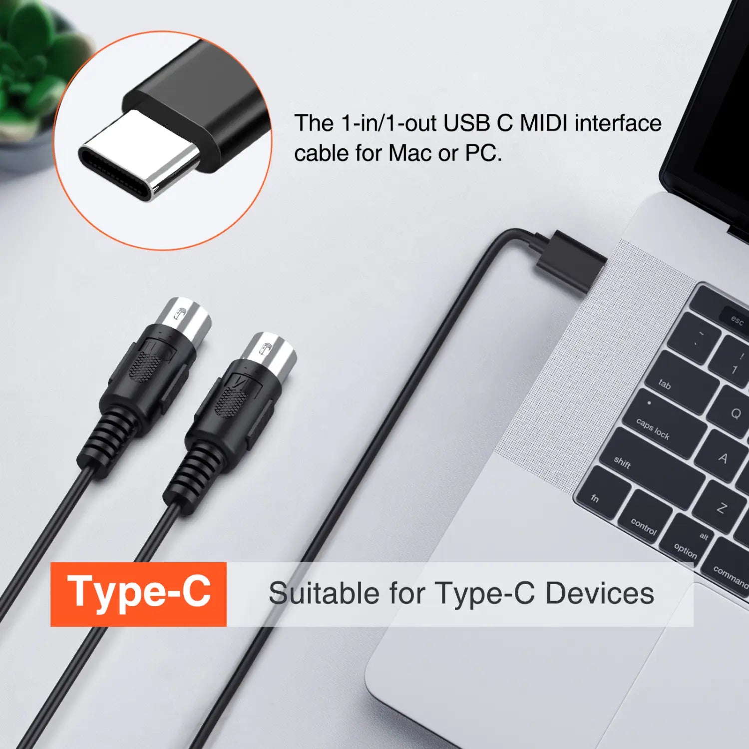 Lekato Midi To Usb C Type C Cable Usb Midi Converterfor Music Keyboard Piano Pc Lapt Interface 6.5Ft with Indicator Light