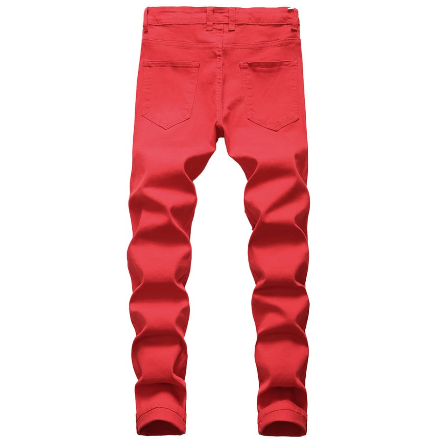 2026 New Men’s Casual Jeans Trendy Red Hip Hop Holes Slim Denim Pants Ripped Trousers Versatile Stretch Distressed Pants Male