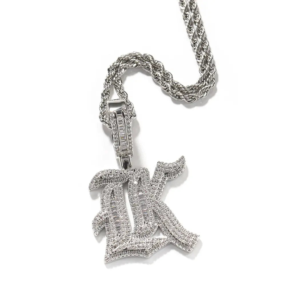 Hip Hop Micro Paved 5A+ Cubic Zirconia Bling Iced Out Old English Single CZ Letter Pendants Necklace for Men Rapper Jewelry