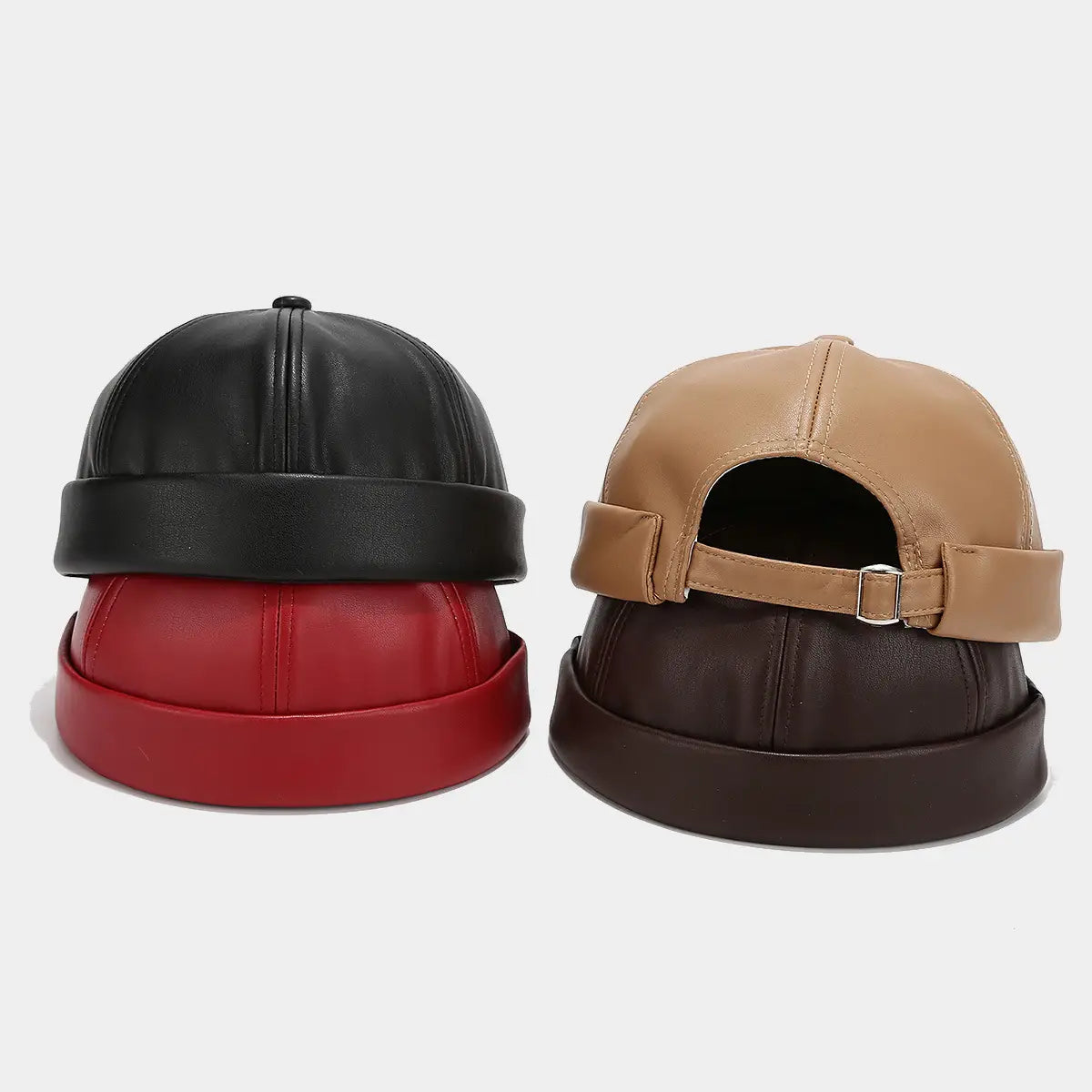 New PU Leather Landlord Hat Streetwear Melon Skin Hat Retro Unisex Hip Hop Cap Autumn Men Women Adjustable Brimless Docker Hat