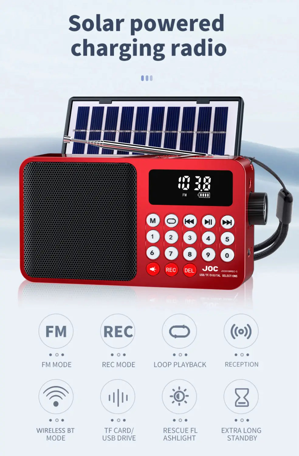 Solar Portable FM Radio Rechargeable Bluetooth Speaker USB TF Card MP3 Music Player with Recording LED Light Radio FM Receiver