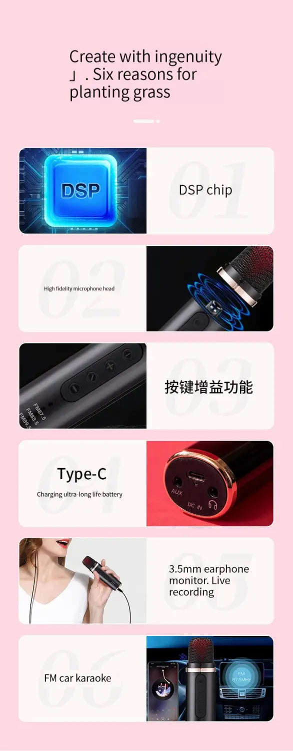 Portable Car Mini Bluetooth Karaoke Microphone Player Song Recording Live Broadcast Equipment FM Cars Wireless Mic