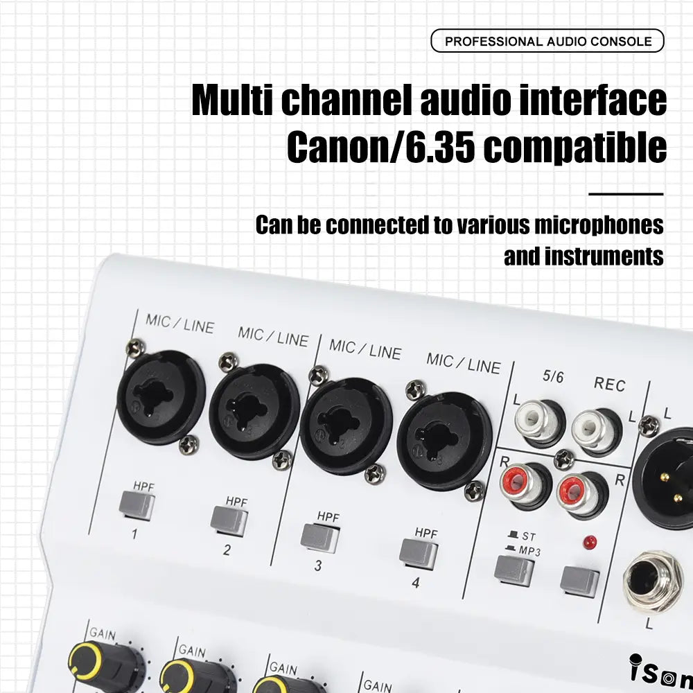Professional 6 channel Audio mixer DJ karaoke Mixing Console With USB Interface Sound Card BT 48V for Karaoke Party PC Recording