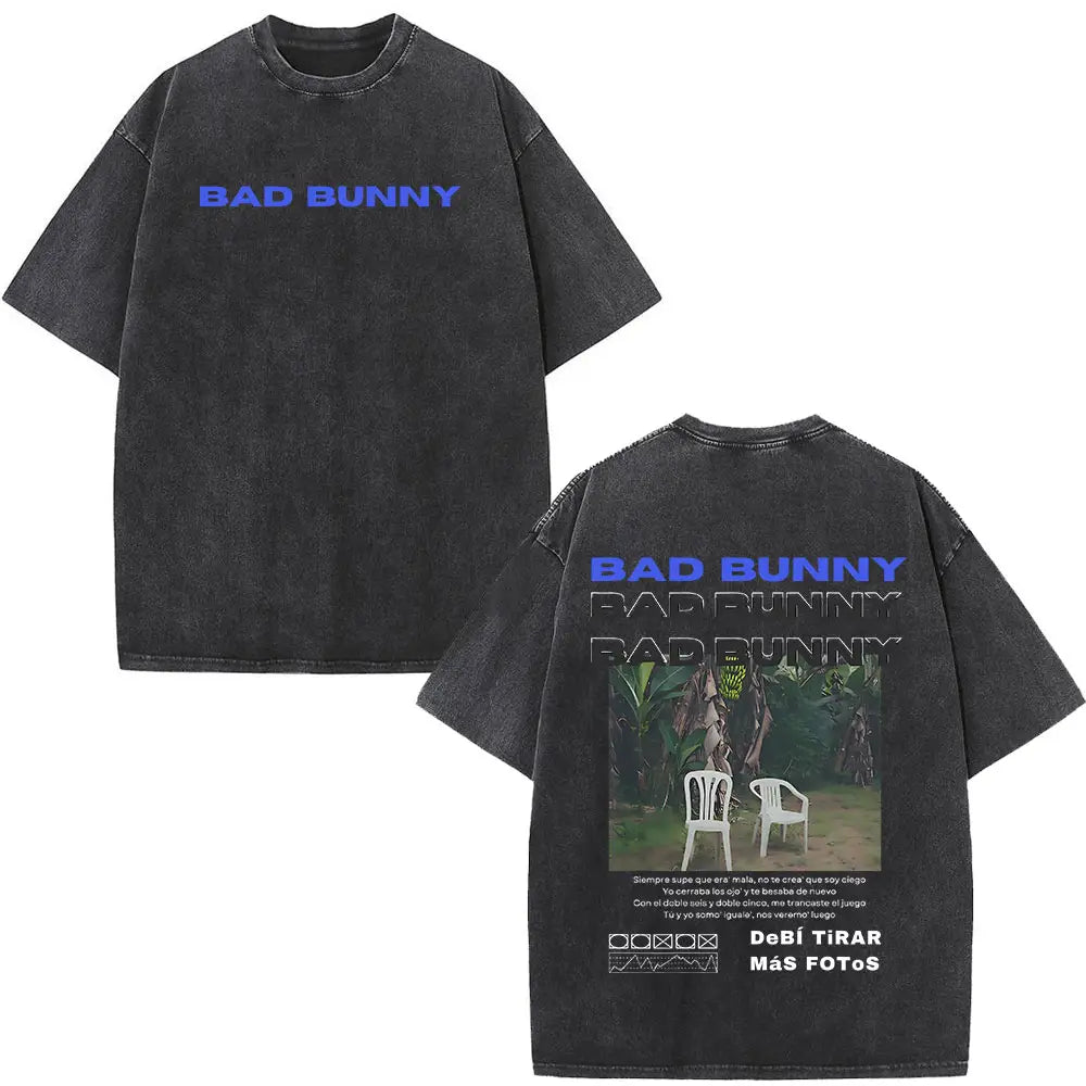 Rapper Bad Bunny Washed Vintage T-shirt Debi Tirar Mas Fotos DTMF World Tour T Shirts Men’s Fashion Hip Hop T-shirts Streetwear
