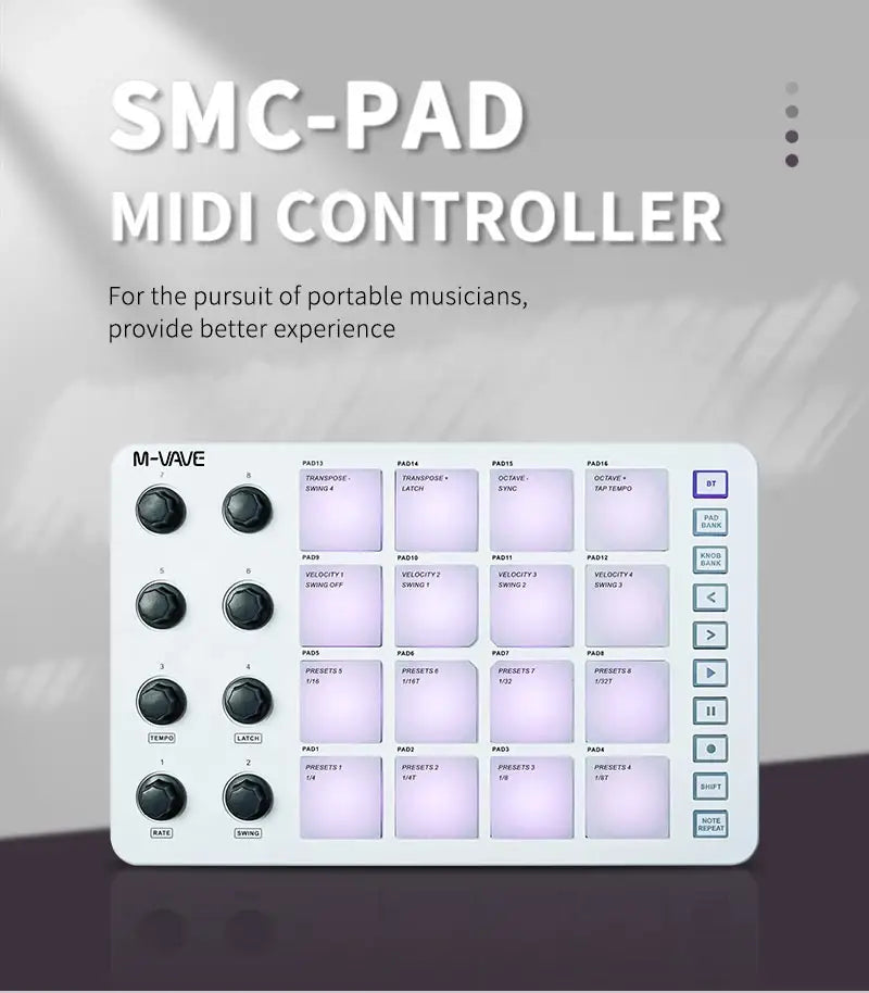 M-VAVE SMC-PAD MIDI Controller Keyboard BT Strike Pads RGB Backlight MIDI Connection Low Latency 3.5mm Output Interface Pad RGB