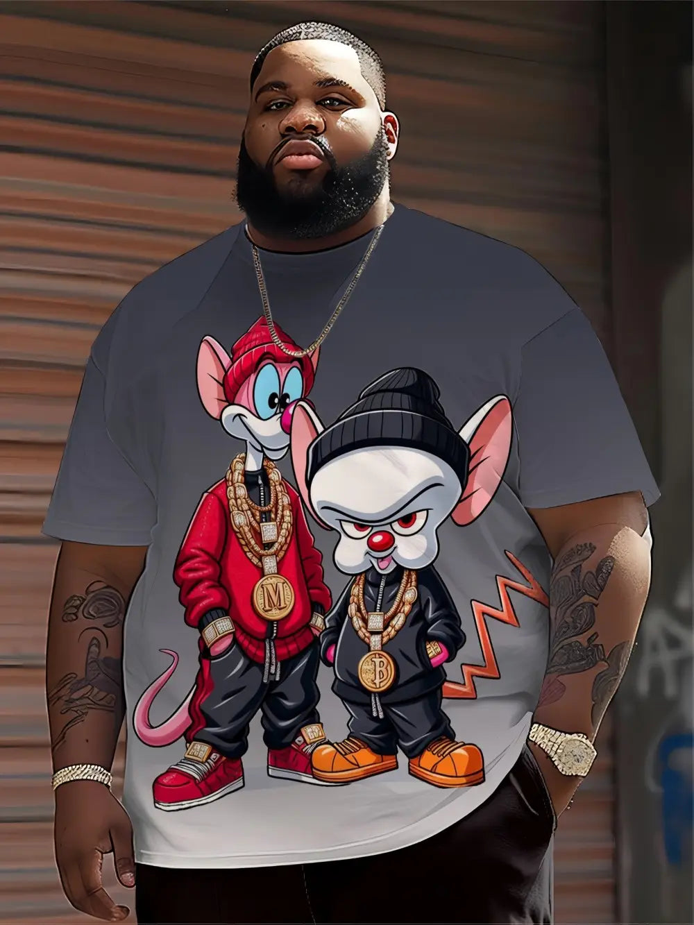 Men’s Hip Hop Cartoon Animal Printed Round Neck T-shirt 100% Polyester Fabric Summer Street Top Suitable for Daily Wearing