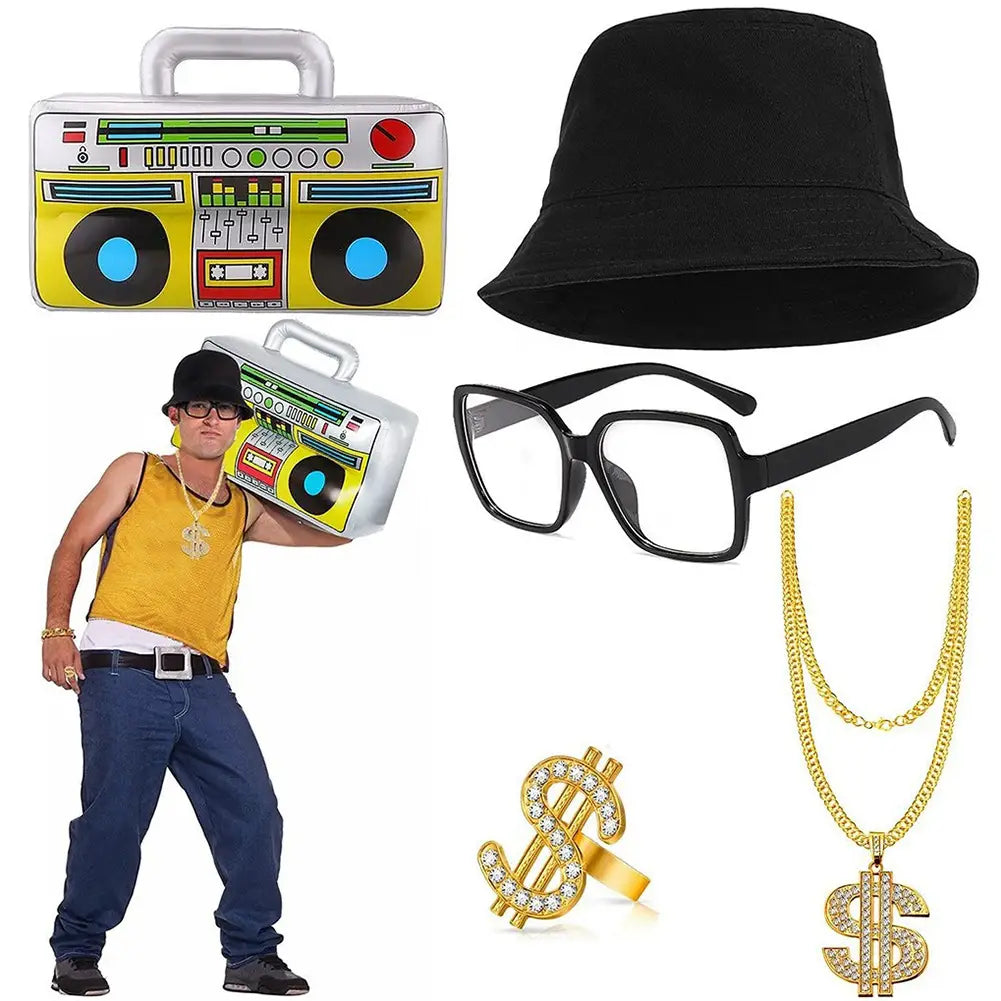 80s 90s Costume Outfit Set Big Gold Chain 80s/90s Rapper Accessories Glasses Bracelet Hip Hop Fancy Dress Costumes for Men Women
