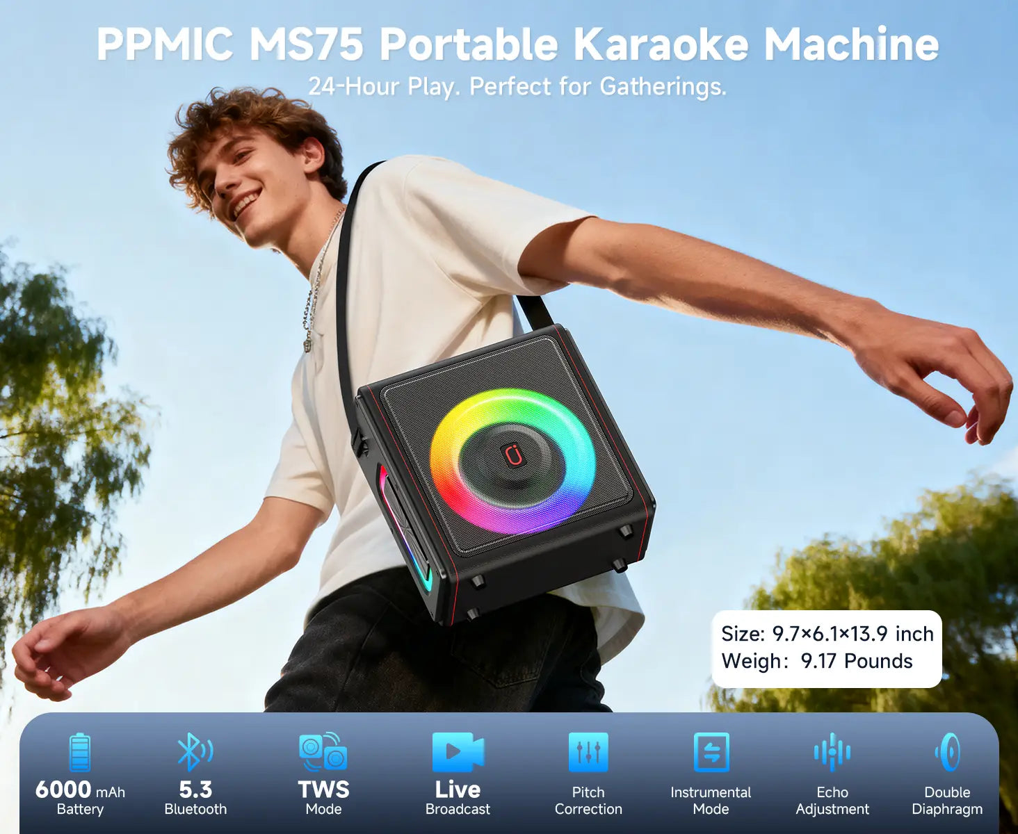Karaoke Machine Portable Bluetooth 5.3 Speaker with 2 Wireless Microphones for Adults Supports TWS/TF Card/USB/AUX/Live