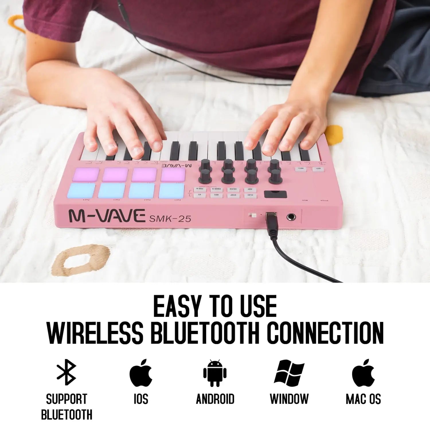 M-VAVE Pink SMK-25 Key MIDI Controller w/8 RGB Pads/8 Assignable 360°knobs/Bluetooth 5.0/USB-B type interface