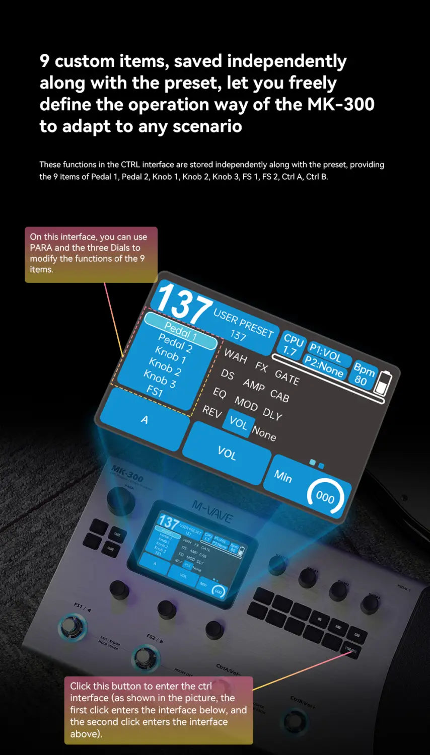 M-VAVE MK-300 Guitar/Bass Multi-Effect Processor Pedal | 300s Looper + 128 Drum MIDI DAW | ANN Neural Modeling 120AMP 360FX