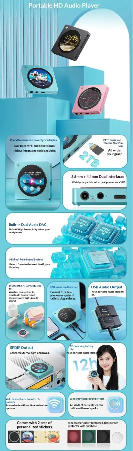 New FiiO Snowsky DISC Audio Player with Circular Touchscreen 2TB TF Expansion Dual DAC Aluminum Alloy Bluetooth 5.4 Music Player