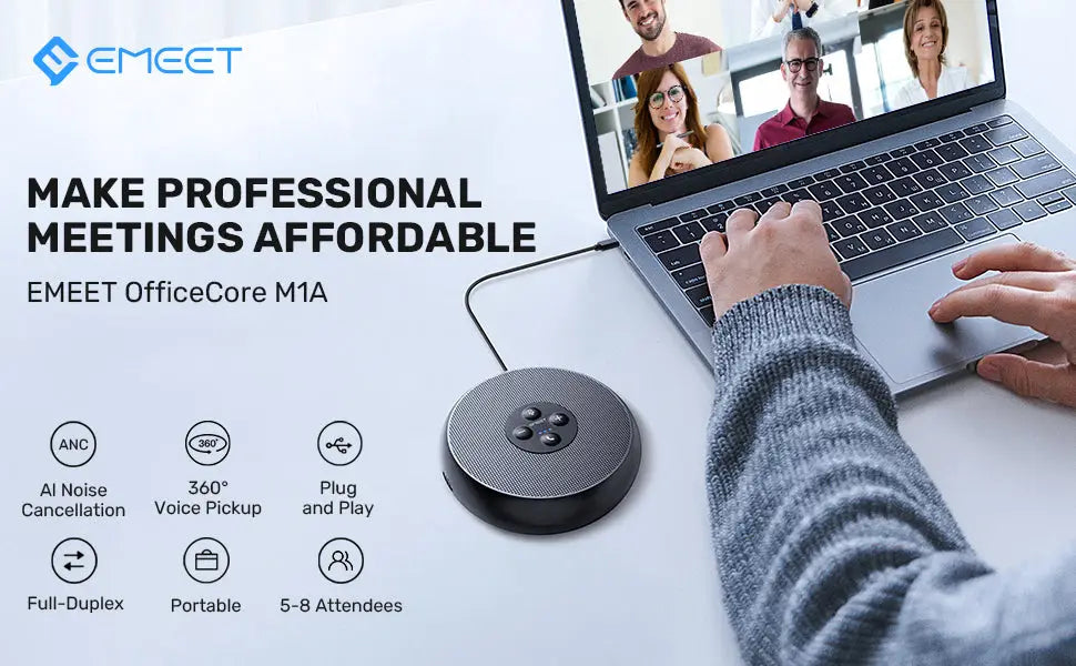EMEET USB Wired Speakerphone Conference Speaker With 2 Mics 360° Voice Pickup Meeting Microphone for Zoom/WebEx/Microsoft Teams
