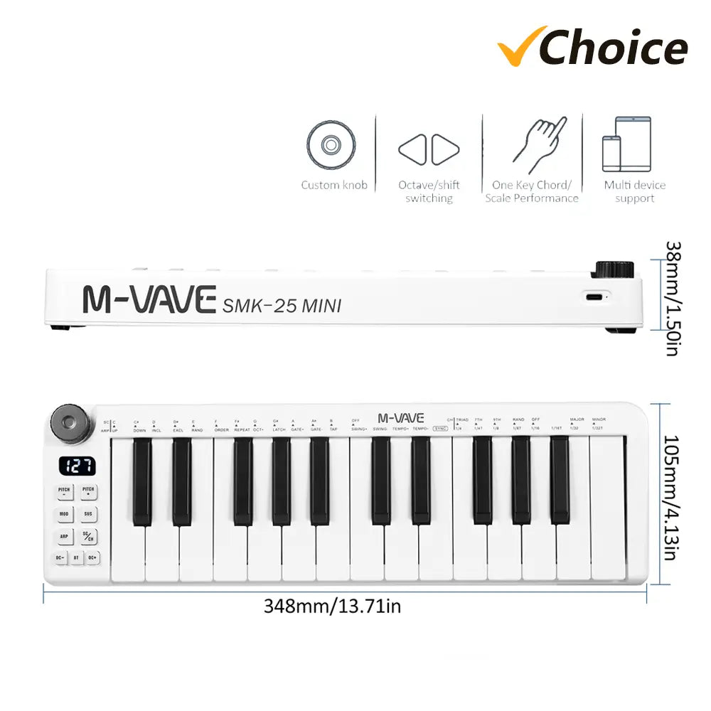 M-VAVE SMK-25mini MIDI Keyboard Rechargeable 25-Key MIDI Control Keyboard with 25 Velocity Sensitive Keys 1 Knob