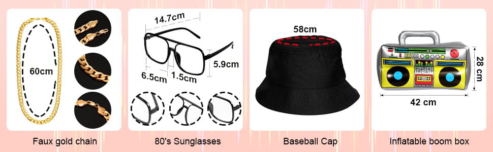 PESENAR Hip Hop Costume Kit Hat Sunglasses Gold Chain 80s/ 90s Rapper Accessories