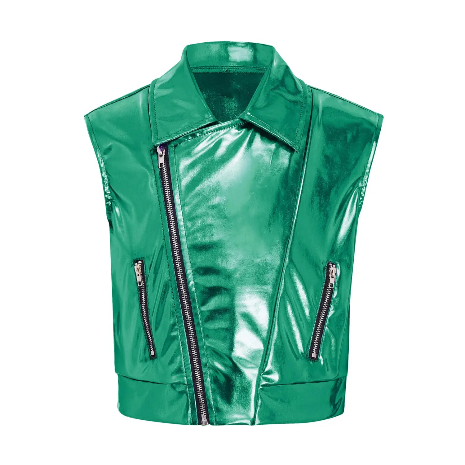 Kids Boys Girls Hip Hop Jazz Dance Performance Costume Turn-Down Collar Vest Zipper Metallic Jacket Tops Sleeveless Outerwear