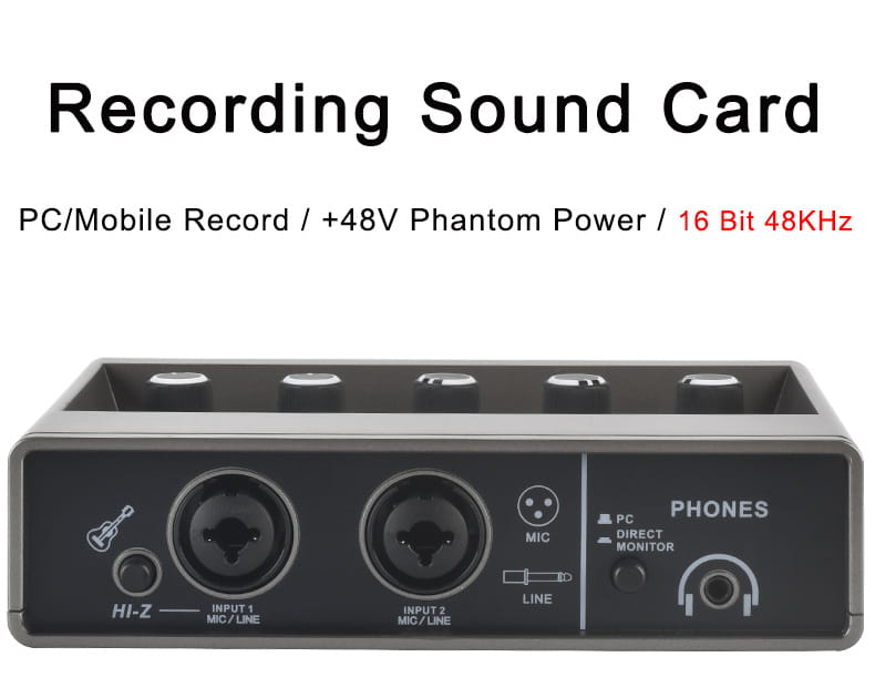 TEYUN Echo Effects 2 Input Audio Interface PC Studio Recording for Electric Guitar External Sound Card 48V Live Podcast Q-16