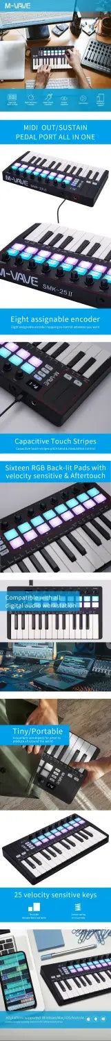 M-VAVE SMK-25 II 25 Key MIDI Controller Keyboard Mini USB 16 RGB Drum Pads 8 Knobs MIDI Controller Keyboard Instrument Parts
