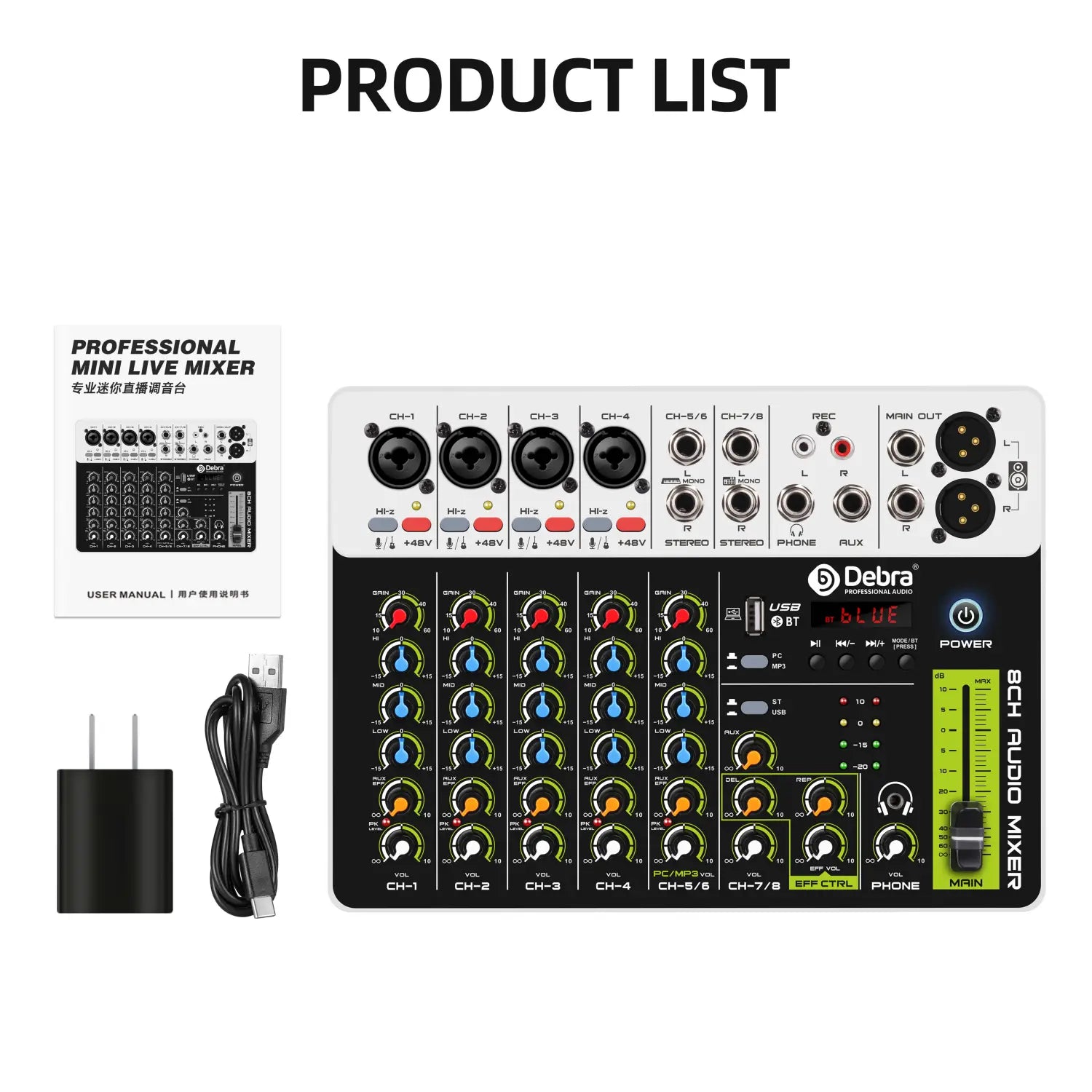 4/8 Channel Audio Mixer DJ Controller Sound Mixing Console With Bluetooth Phantom Power Delay Repaeat Effect For PC Recording