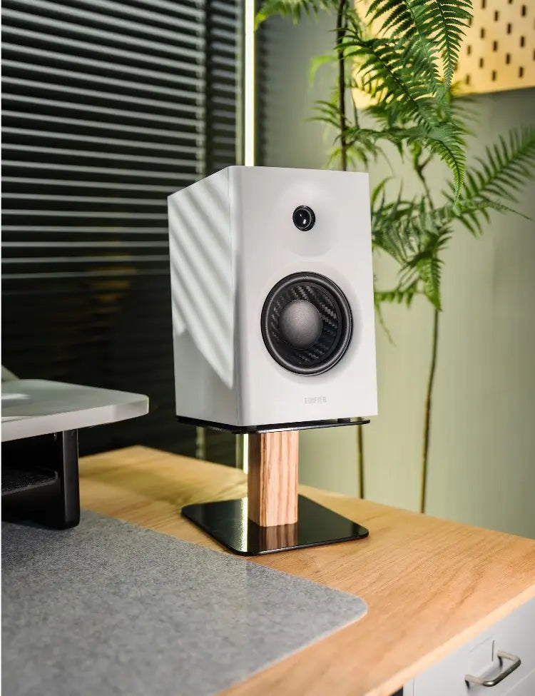 Walnut / Oak Wood Speaker Stand with Metal Base Home Office Audio Equipment Storage Solution Modern Desk Organizer Media Shelf