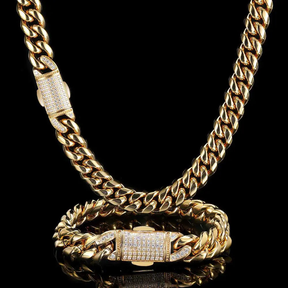 12mm Hip Hop Stainless Steel Jewelry Homme Cadena Luxury Miami Cuban Link Chain Men Rapper Rock Necklace