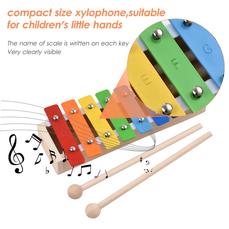 8 Keys Xylophone Compact Size Glockenspiel Colorful Aluminum Plate Piano with Wooden Mallets Percussion Musical Instrument Gift