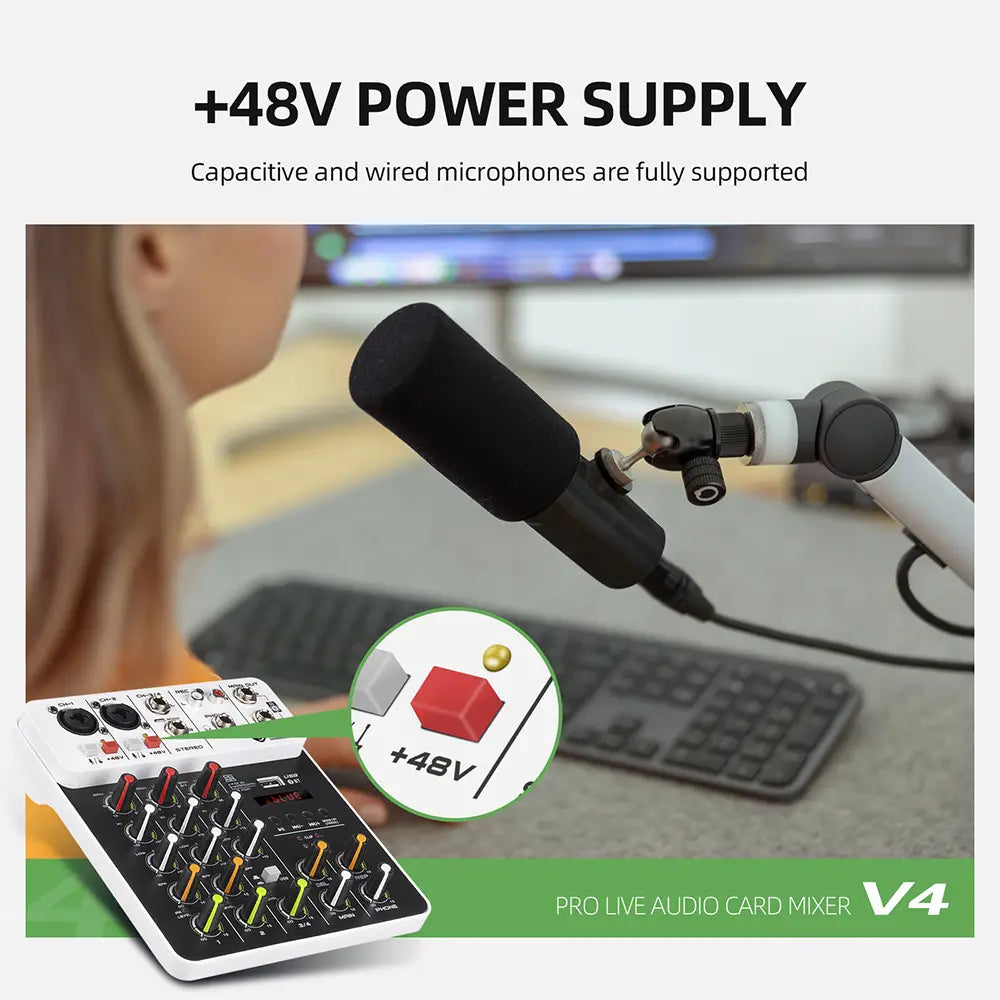 4/8 Channel Audio Mixer DJ Controller Sound Mixing Console With Bluetooth Phantom Power Delay Repaeat Effect For PC Recording