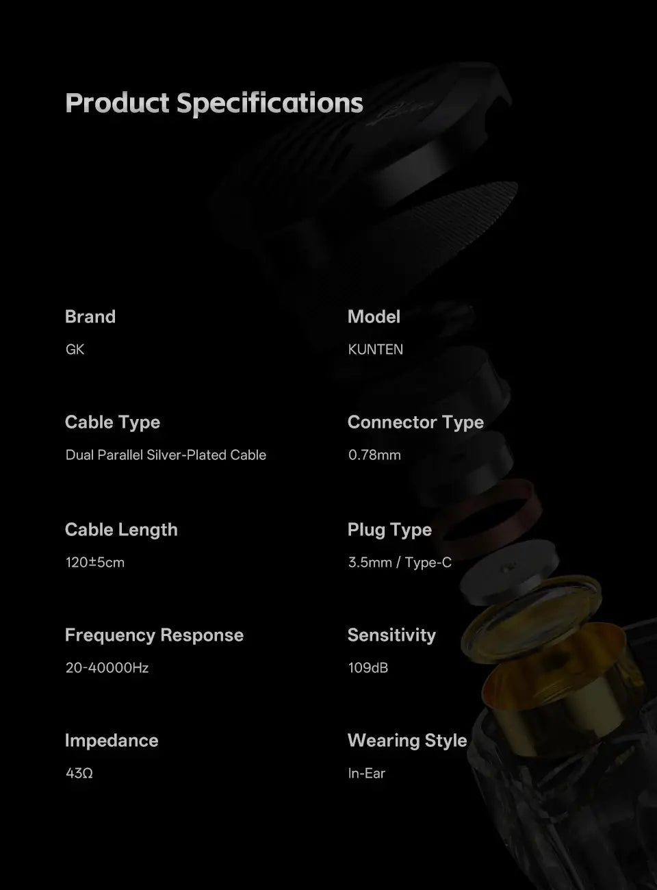 GK KUNTEN Dynamic Drive Headphones HIFI Heavy Bass Earbuds Sports Metal Headphones Detachable Headphones Gaming Headset Type-C