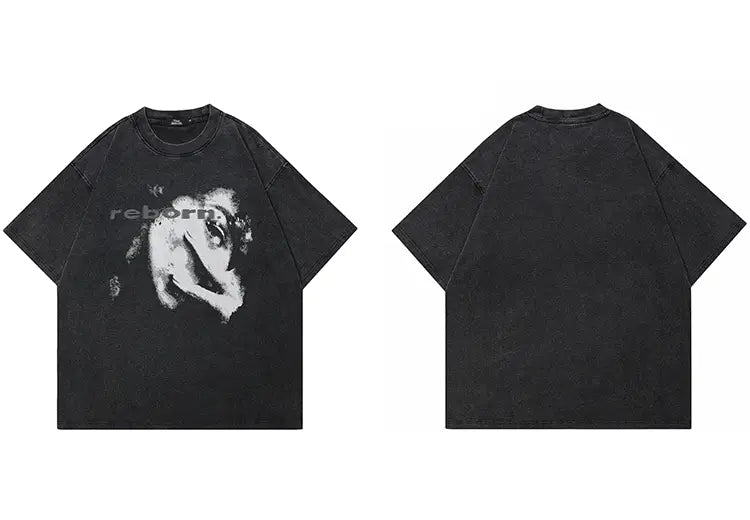 Hip Hop Washed Black T-Shirt Streetwear Printed T Shirt Cotton Aesthetic Graphic Tshirt Harajuku Men Tops Tees Unisex Y2K