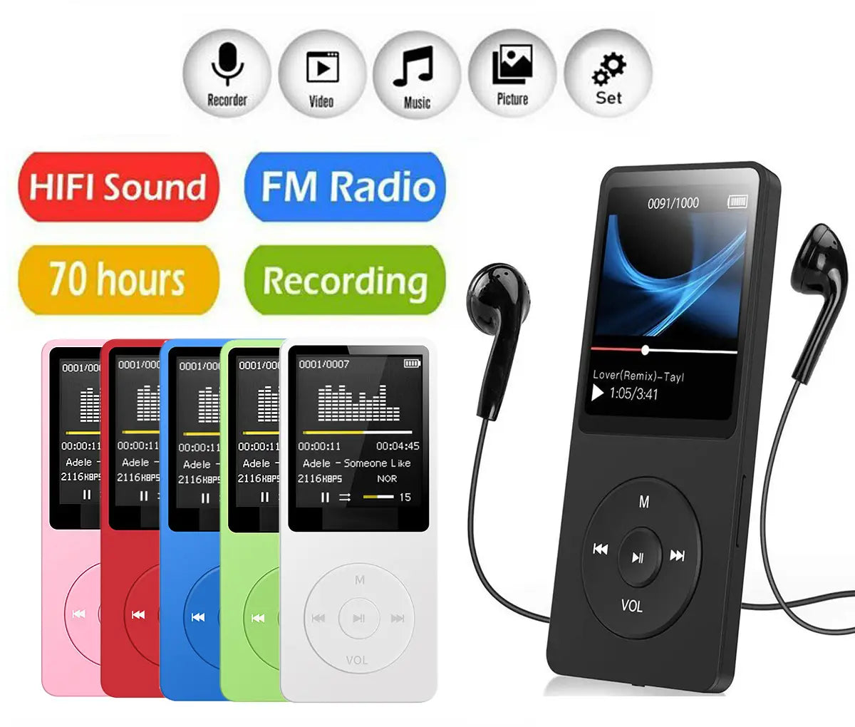 Portable MP3 Player USB Charging Record Digital Display Screen Media Lossless Portable Pocket Sports Running Walking Music Play