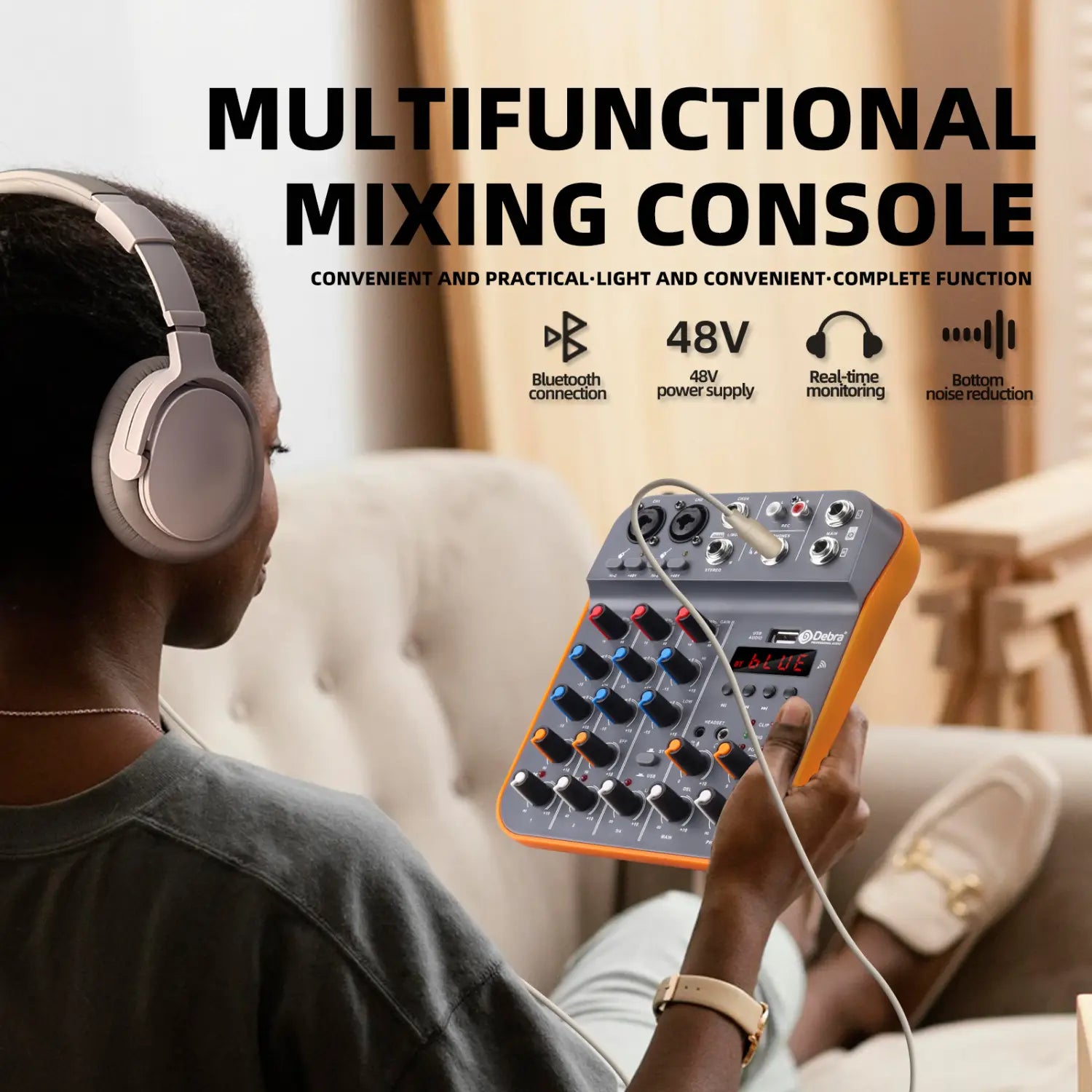 IKGE D4M Mini 4-Channel Audio Mixer DJ Console with Reverb Bluetooth 5.0 USB Sound Card 48V for PC Recording Karaoke