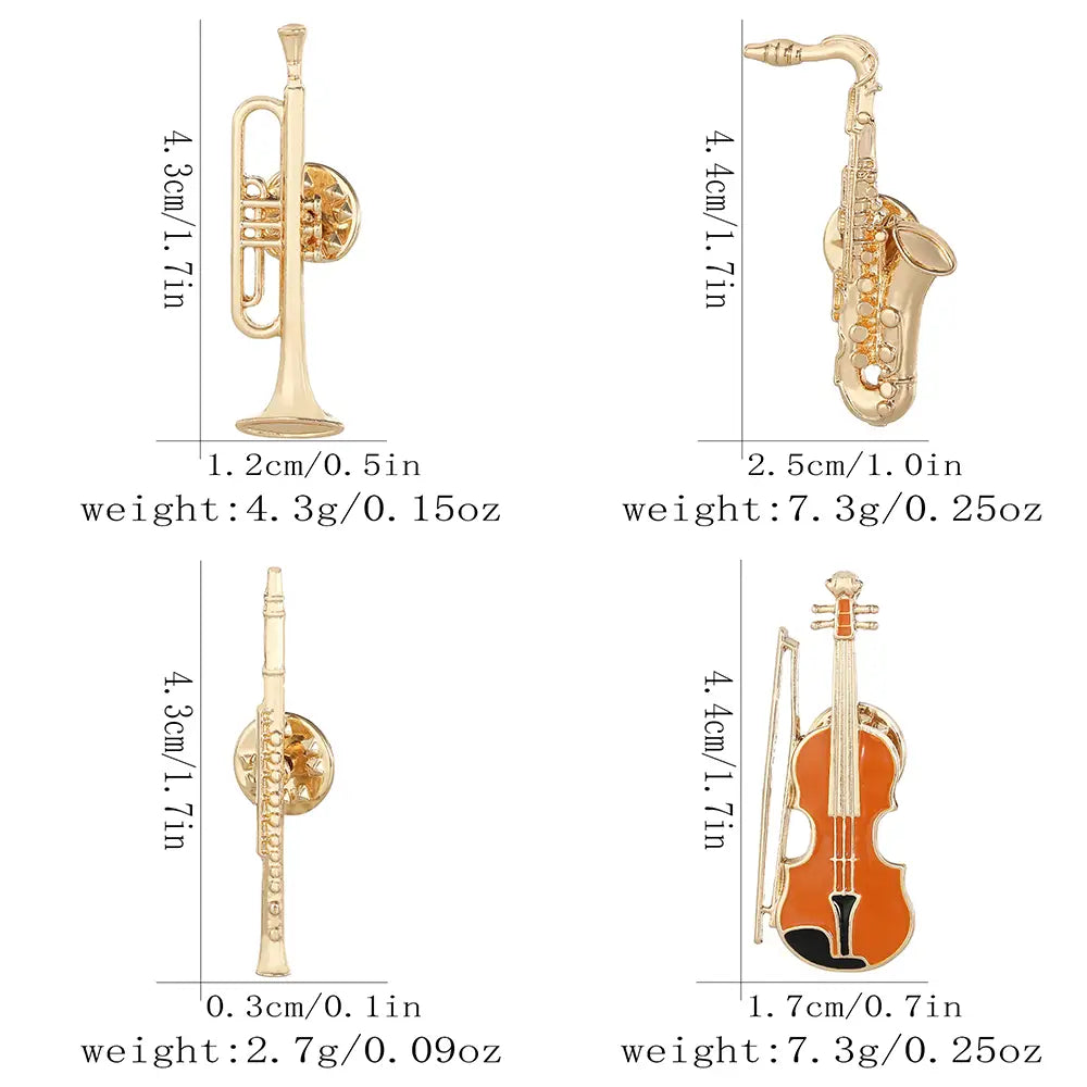 4Styles Classic Trumpet Flute Violin Sax Shaped Golden Pins Musical Instrument Cello Design Brooches Music Theme Badge