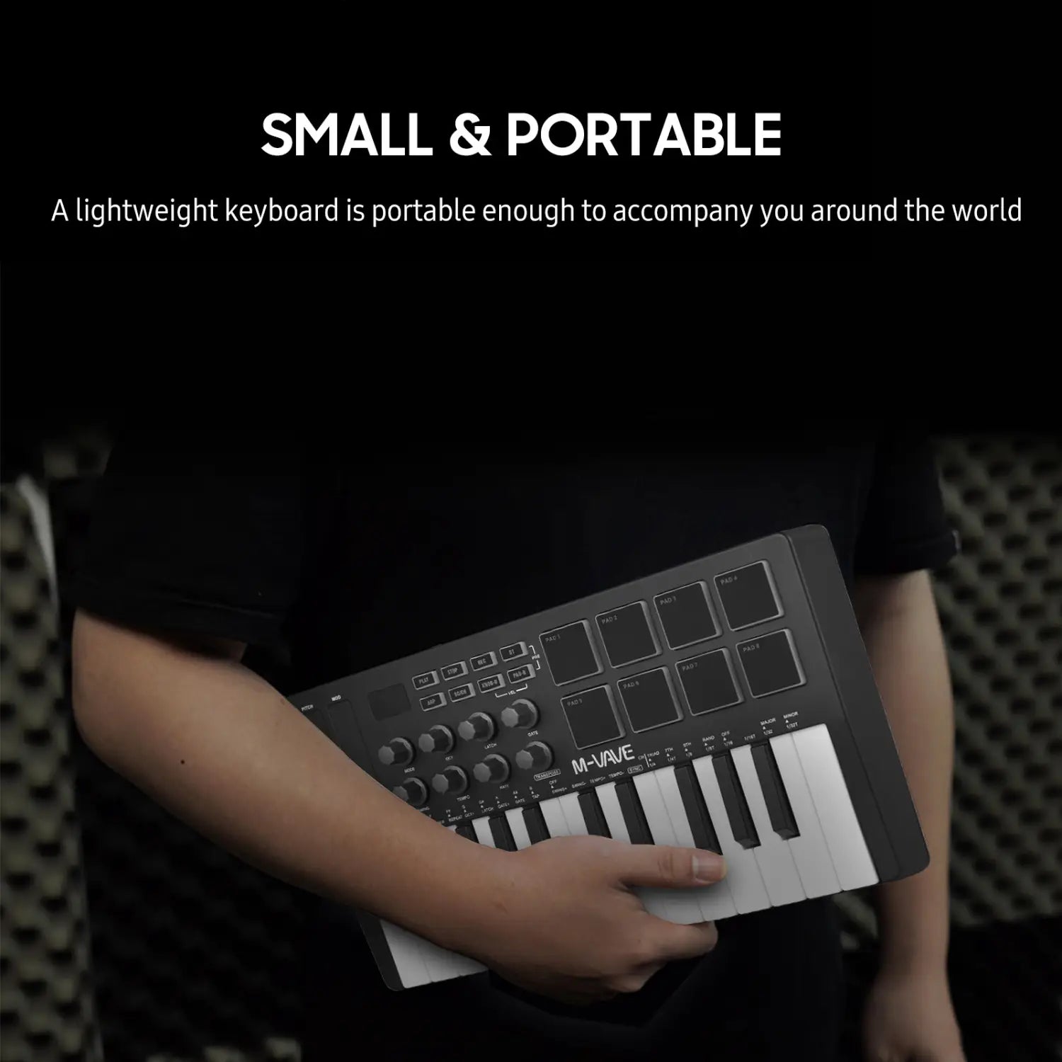 M-vave SMK-25 Mini 25 Keys Wireless / USB MIDI Keyboard Controller With 8 Backlit Drum Pads 8 Knobs and 2 Touch Stripes