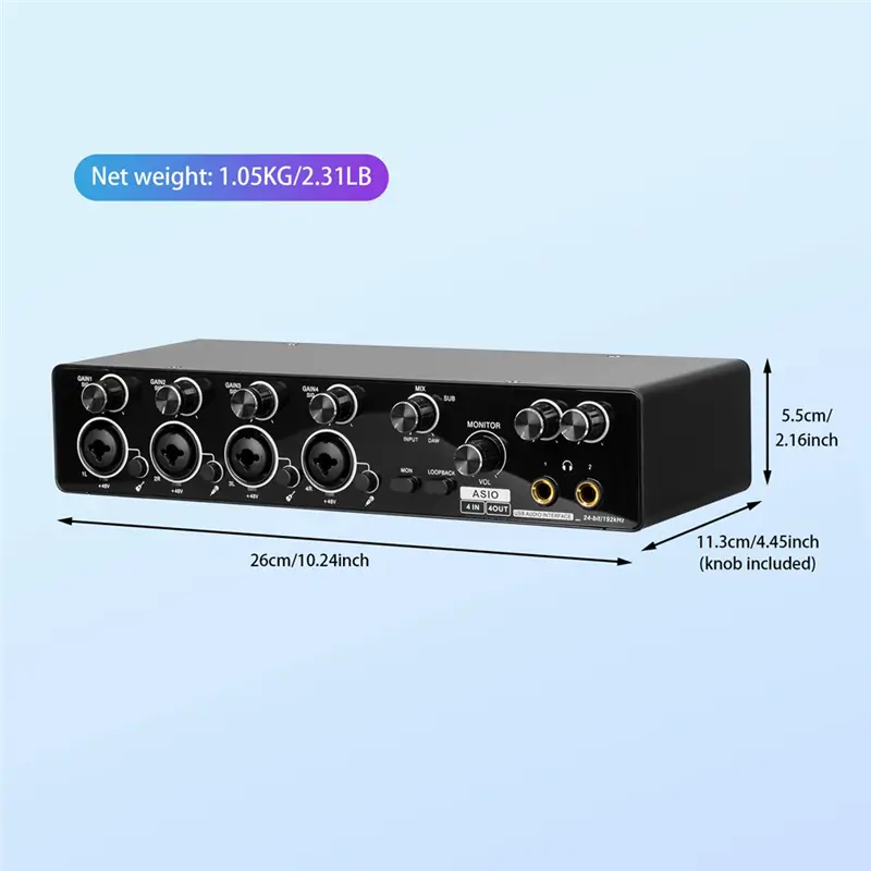 CABE-Professional 4 Channel USB Audio Interface For Studio For Live Recording Sound Card Mic Preamplifier Support ASIO